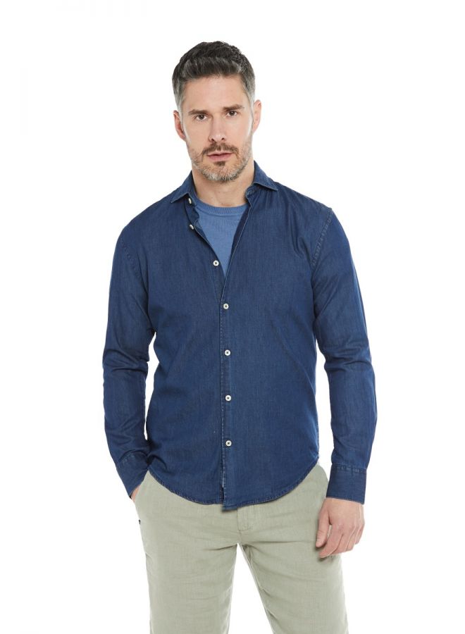 Camicia fancy manica corta a righe blu. button down