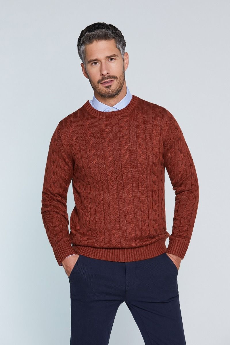 Maglia misto lana merinos girocollo a treccia  con collo, manica e parte inferiore a coste