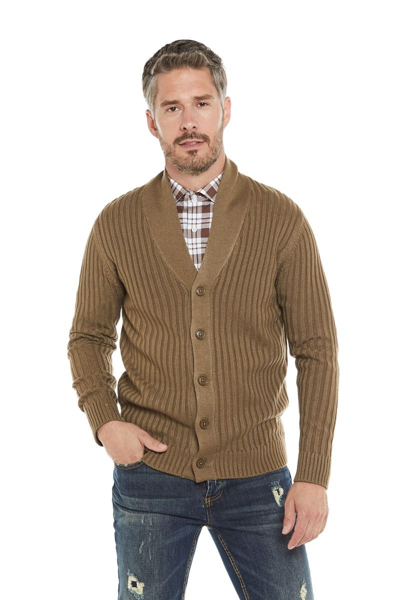Maglione in misto lana merinos con bottoni e collo sciallato