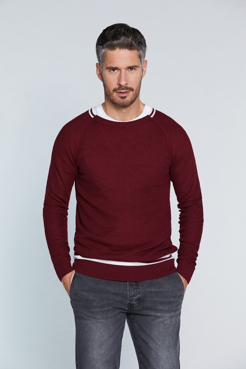 Maglia girocollo misto lana merinos nido d'ape con manica raglan e inserti a contrasto su collo e parte inferiore 