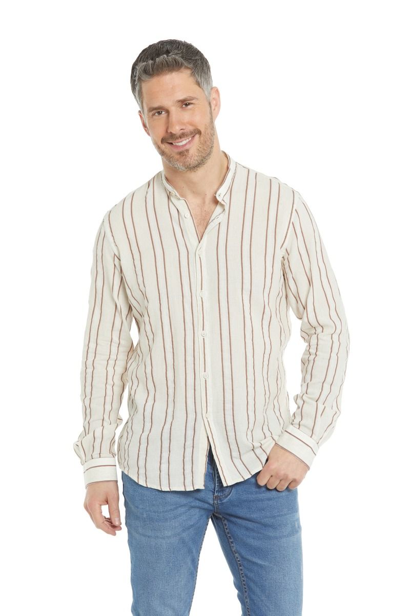Camicia uomo in lino a righe marroni