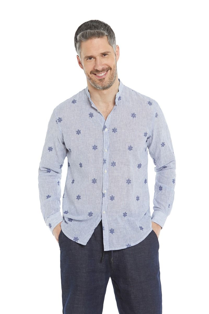 Camicia uomo misto lino a righe e fiori