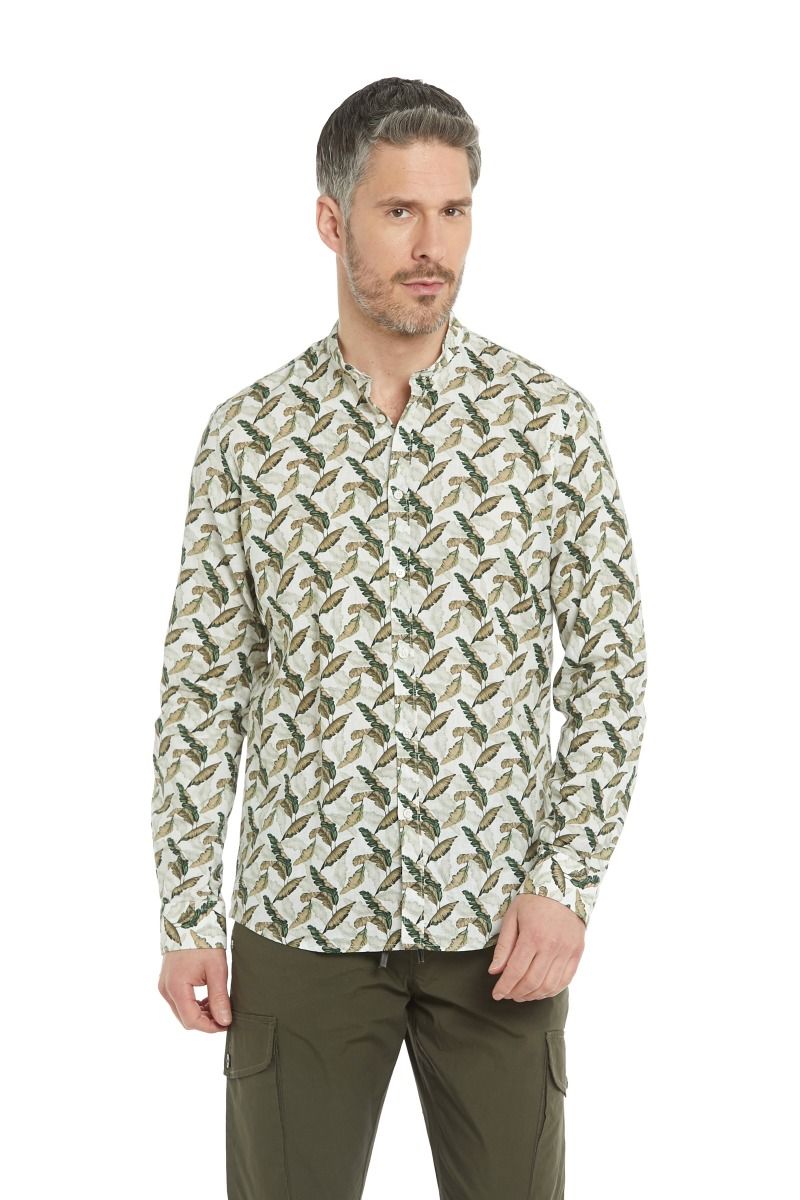 Camicia uomo misto lino fantasia a foglie