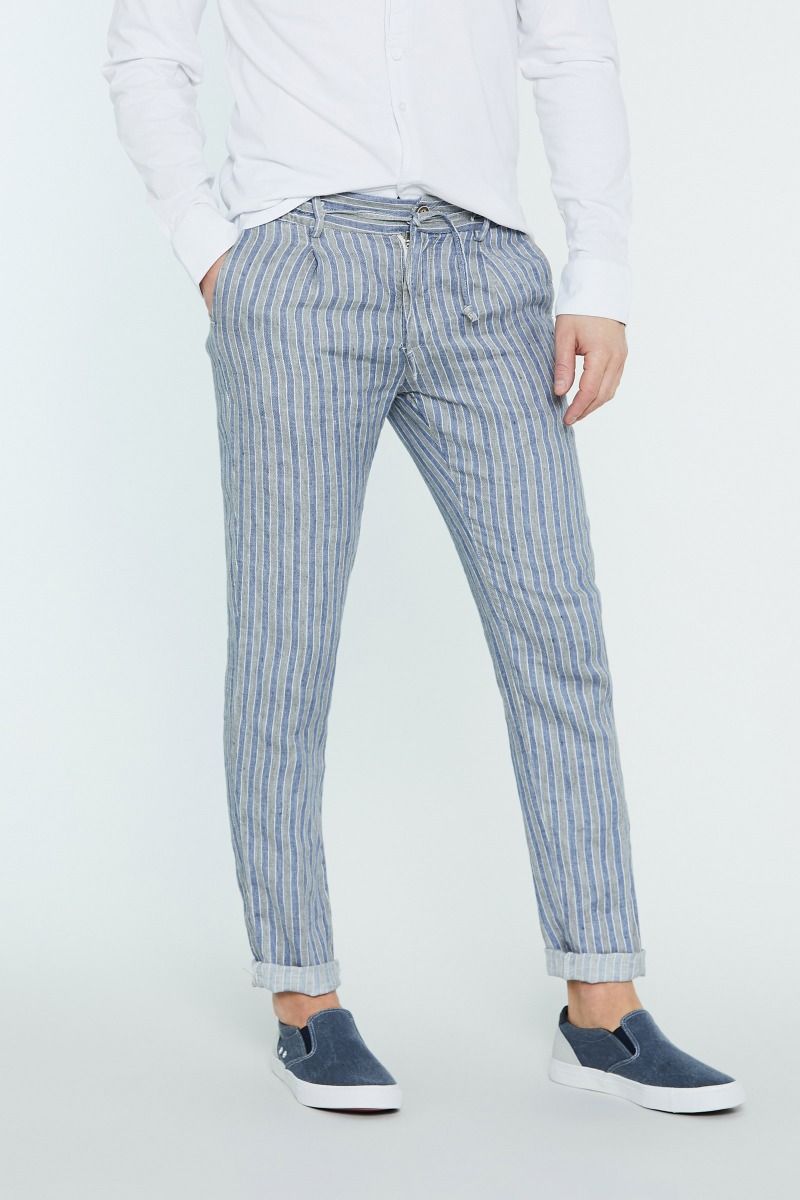 Pantalone a righe con coulisse lino e cotone