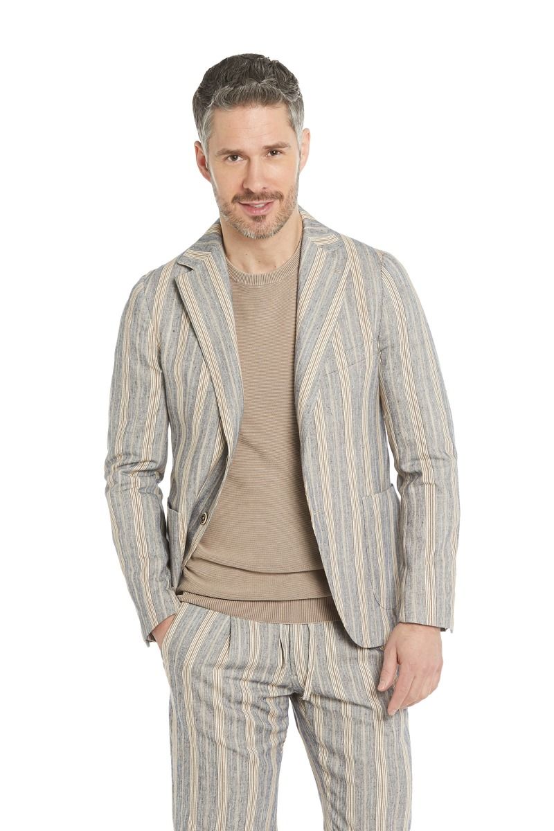 Giacca rigata beige e blu misto lino da uomo