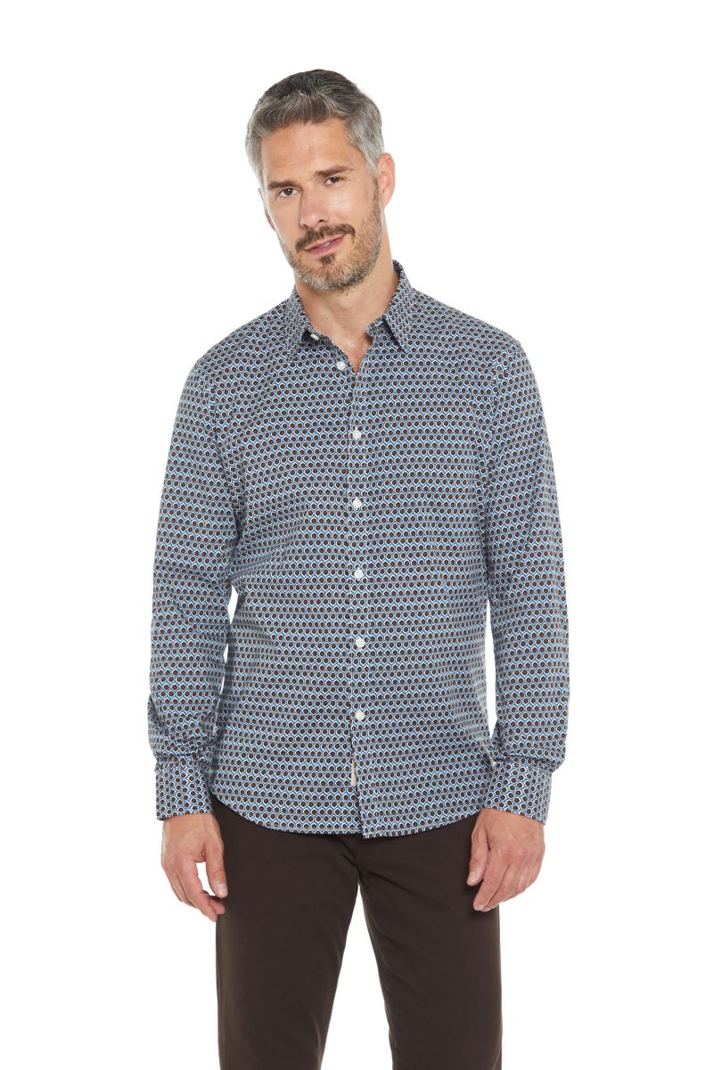 Camicia uomo blu e marrone con stampa