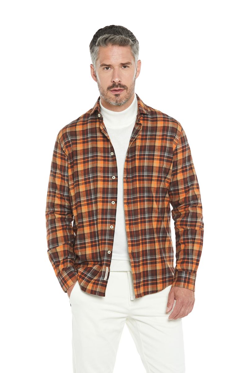 Camicia uomo in flanella arancione a quadri