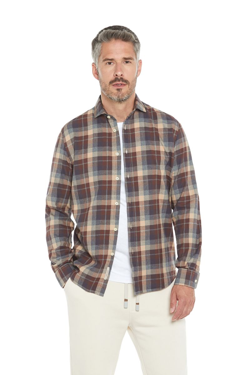 Camicia uomo in flanella beige e mattone a quadri
