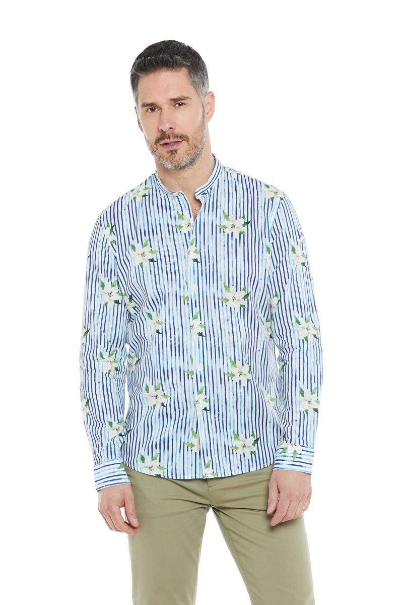 Camicia Uomo Collo Coreano Righe e Fiori