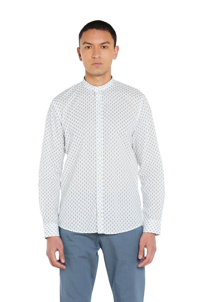 Camicia Uomo Bianca Collo Coreano con Dettagli in Blu