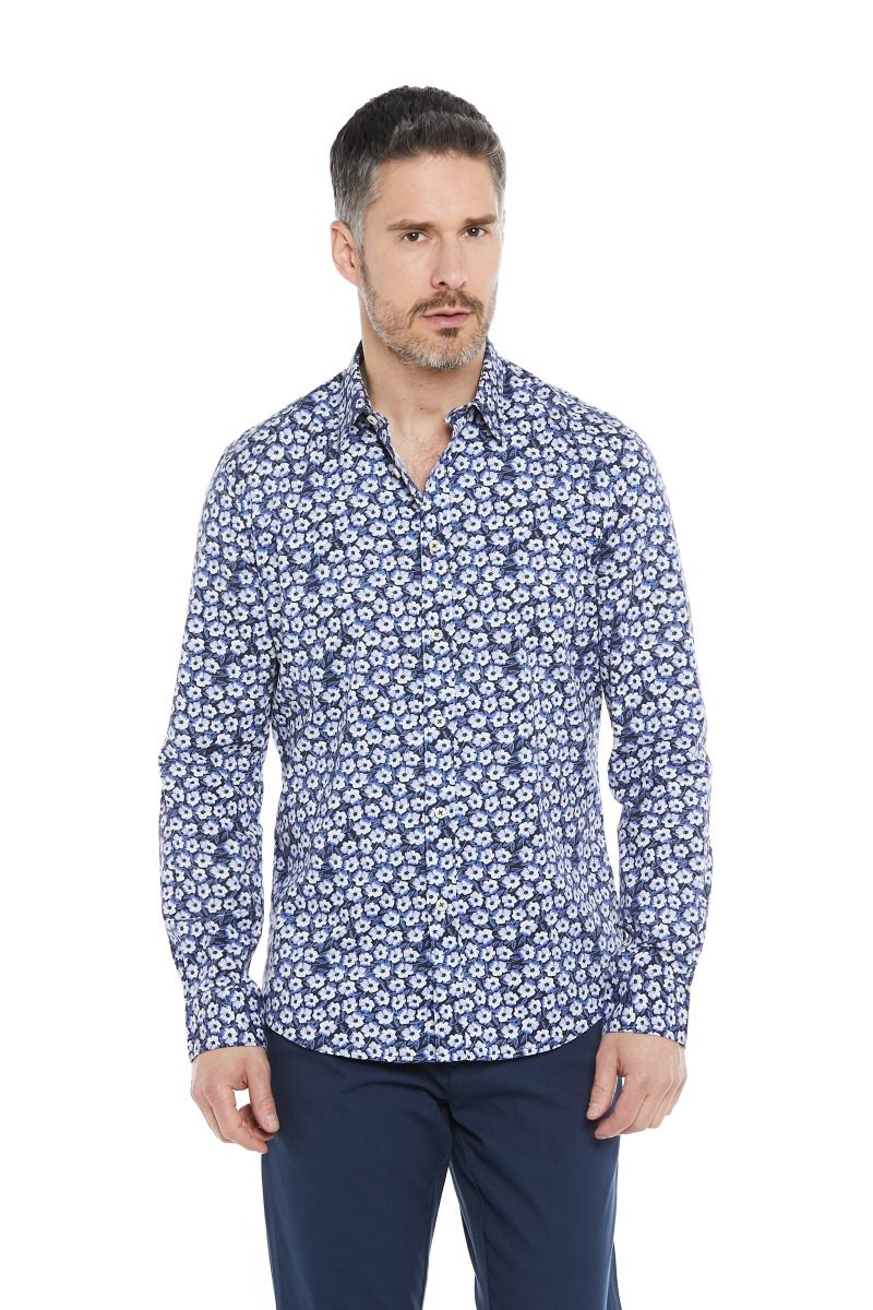 Camicia blu Uomo Collo Italiano a Fiori bianchi