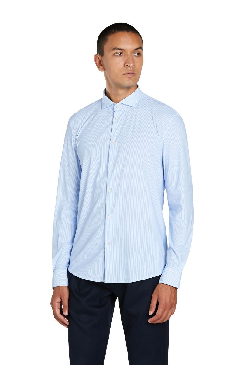 Camicia Uomo Bi-Stretch a Righe Celesti con Collo Francese