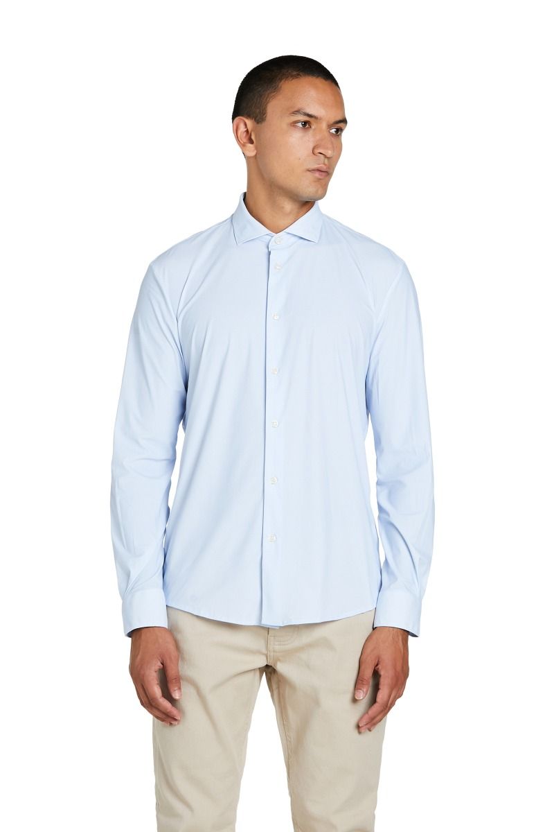 Camicia Bi-Stretch con Stampa Celeste e Collo Francese