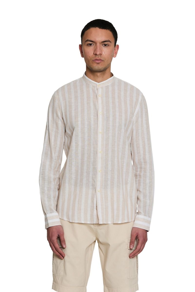 Camicia Uomo Collo Coreano a Righe in Lino e Cotone