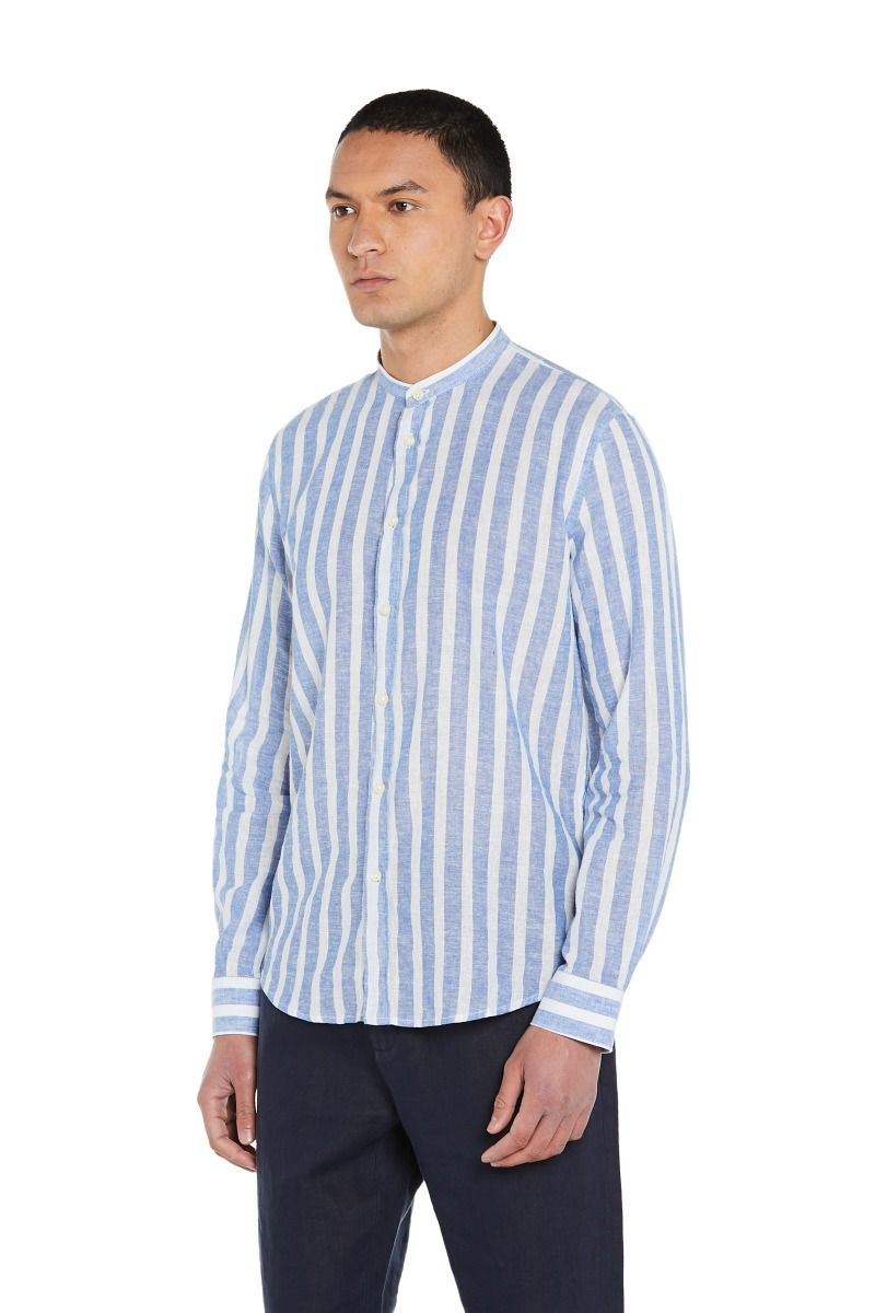 Camicia Uomo Collo Coreano a Righe in Lino e Cotone