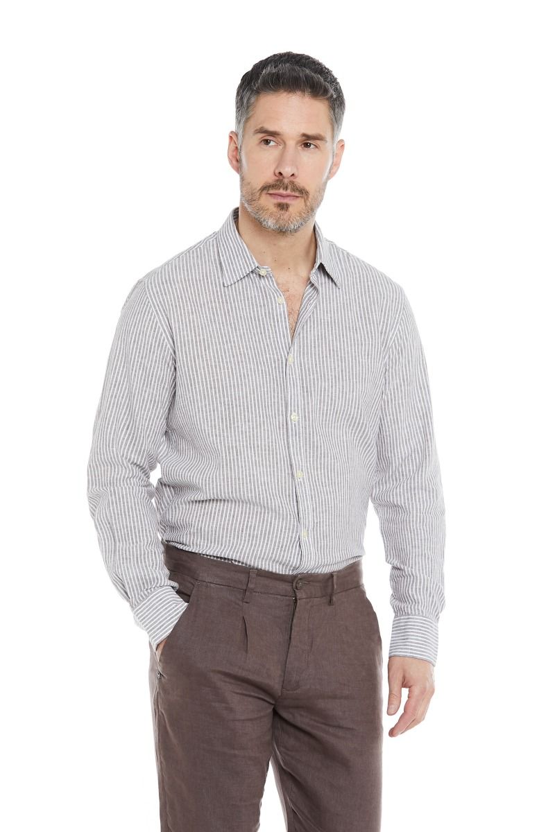 Camicia Uomo a Righe in Lino con Collo Italiano