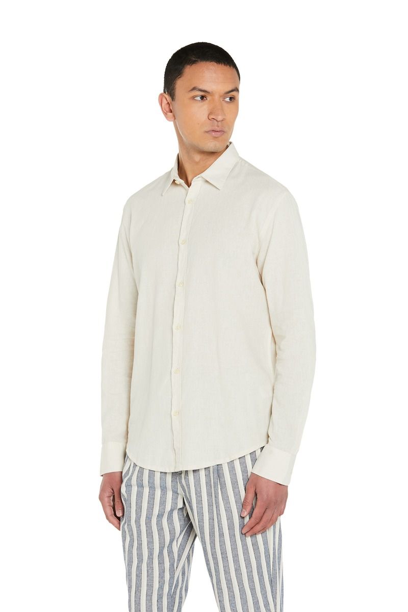 Camicia Uomo in Lino con Collo Italiano, Modello Polo Relaxed Fit-Ecru-XL